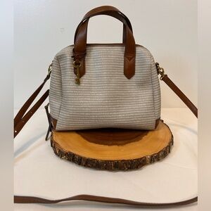 FOSSIL Brown and Cream Satchel Crossbody Zipper Top Coated Canvas